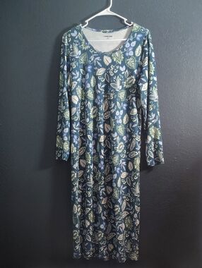 Lands' End Green Teal Lavendar Floral Long Sleeve Midi Dress